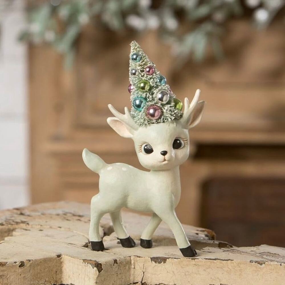 Bethany Lowe Aqua Reindeer With Bottle Brush Tree Christmas Deer NEW